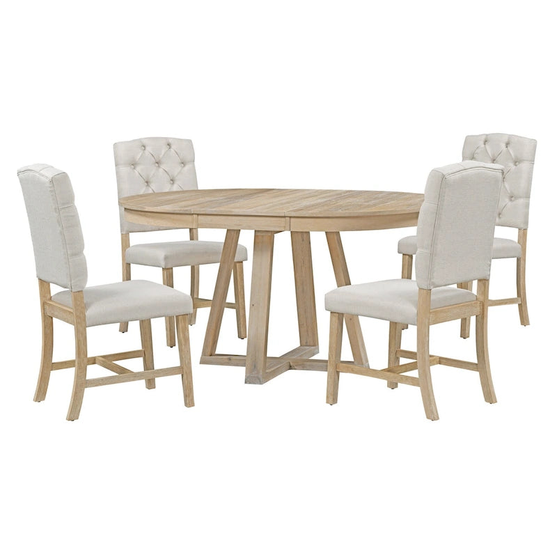 Ensemble de salle à manger rond extensible 5 pièces, ensemble de meubles de cuisine en bois avec rallonge amovible et 4 chaises rembourrées