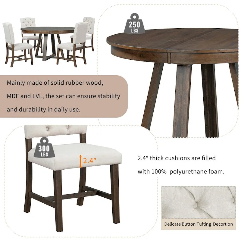 Ensemble de salle à manger rond extensible 5 pièces, ensemble de meubles de cuisine en bois avec rallonge amovible et 4 chaises rembourrées