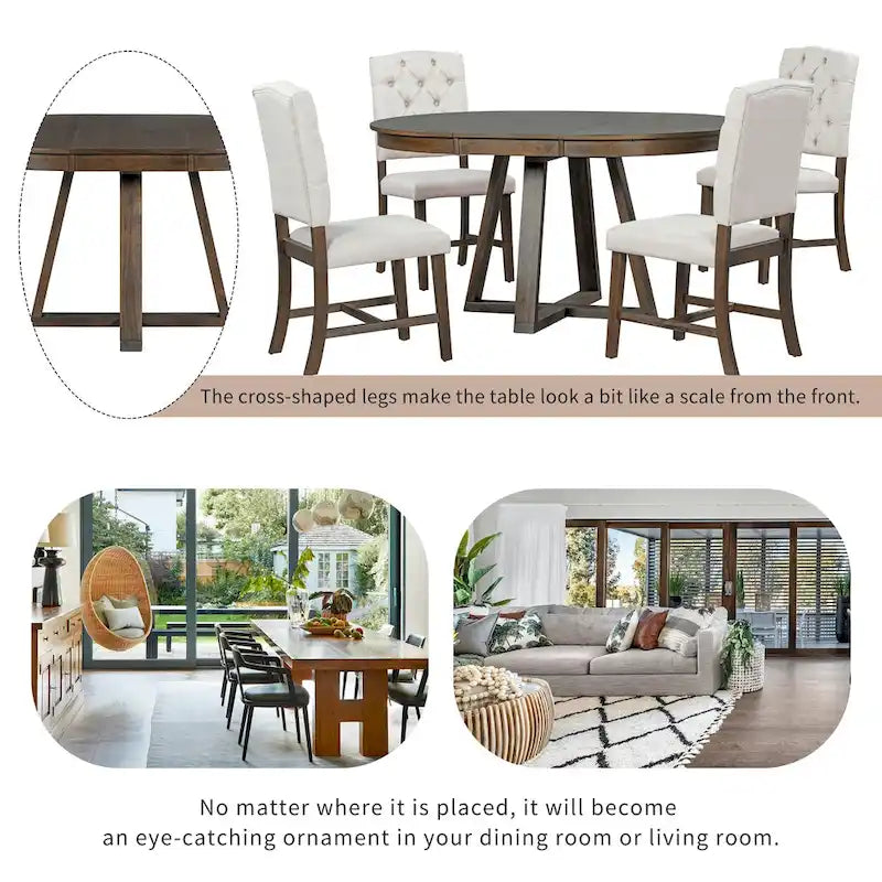 Ensemble de salle à manger rond extensible 5 pièces, ensemble de meubles de cuisine en bois avec rallonge amovible et 4 chaises rembourrées