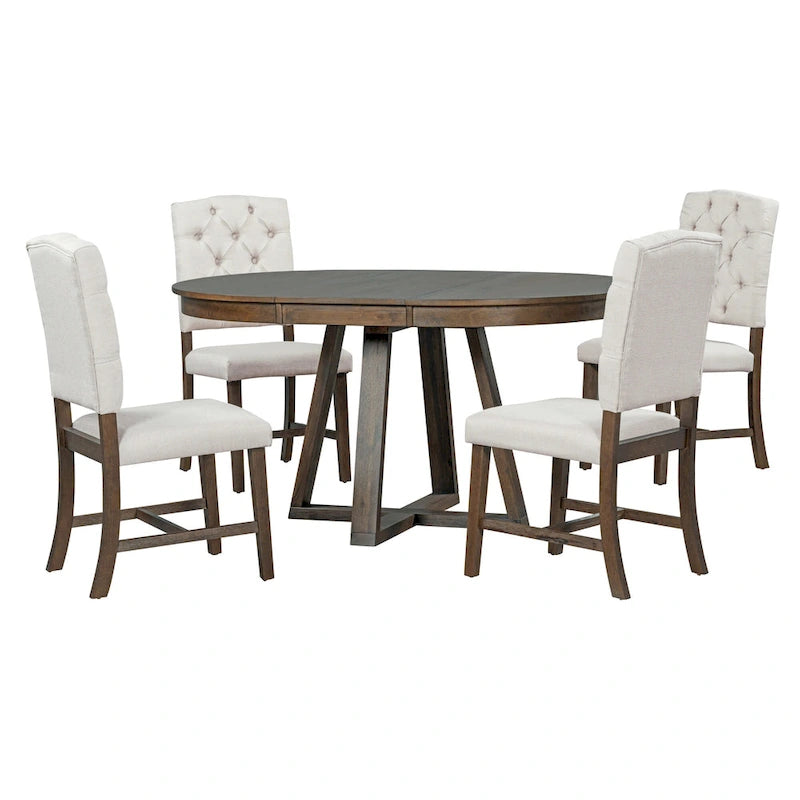 Ensemble de salle à manger rond extensible 5 pièces, ensemble de meubles de cuisine en bois avec rallonge amovible et 4 chaises rembourrées