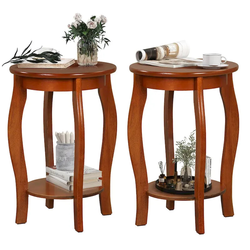 Tables d'appoint rondes à 2 niveaux en noyer, lot de 2, plateau en bois, tables d'appoint étroites