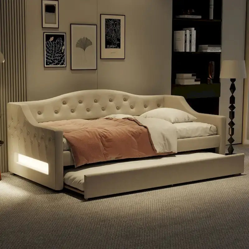Lit de repos capitonné Twin XL avec bande LED et lit gigogne, 84L x 41.5W x 27H