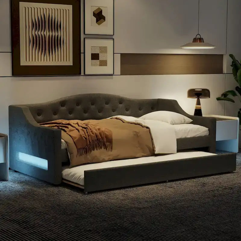 Lit de repos capitonné Twin XL avec bande LED et lit gigogne, 84L x 41.5W x 27H