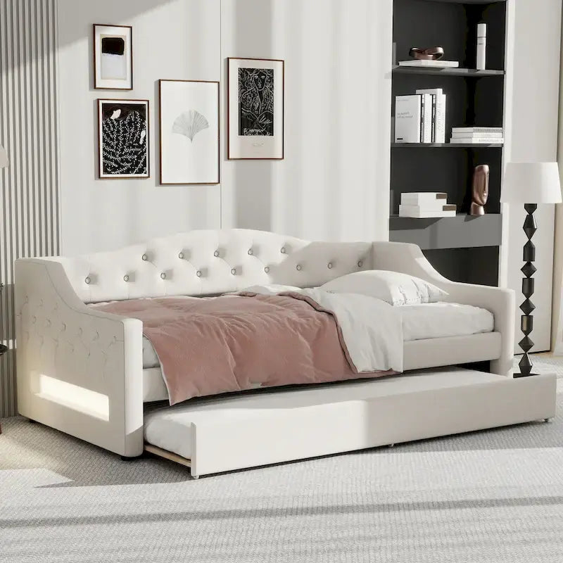 Lit de repos capitonné Twin XL avec bande LED et lit gigogne, 84L x 41.5W x 27H