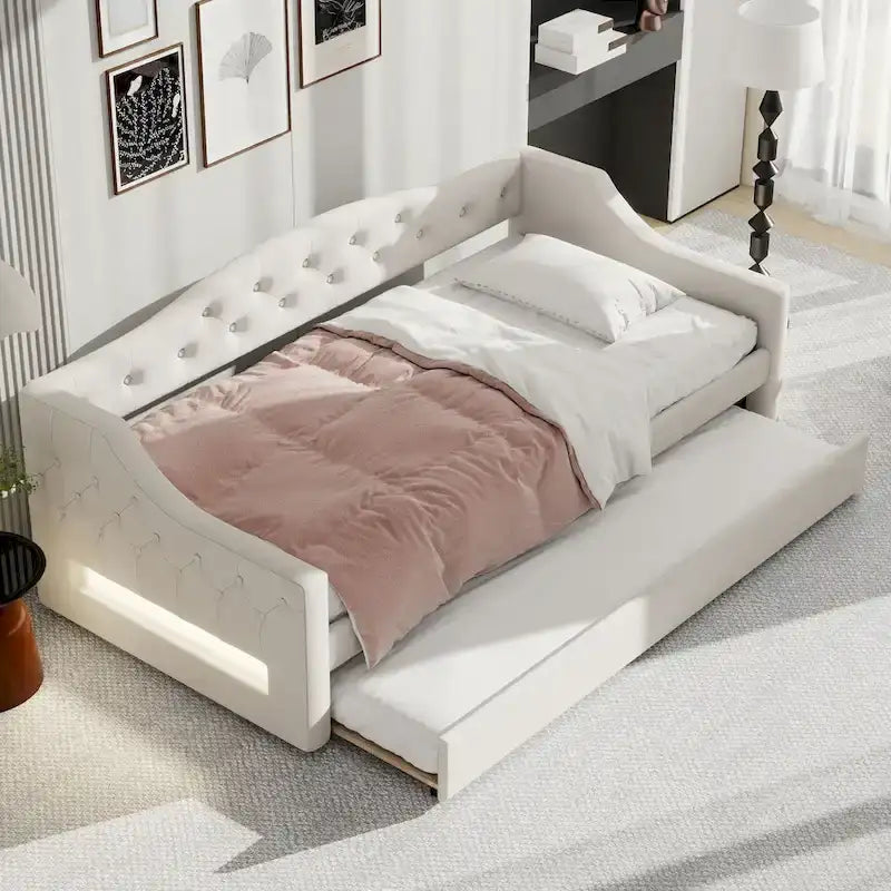 Lit de repos capitonné Twin XL avec bande LED et lit gigogne, 84L x 41.5W x 27H