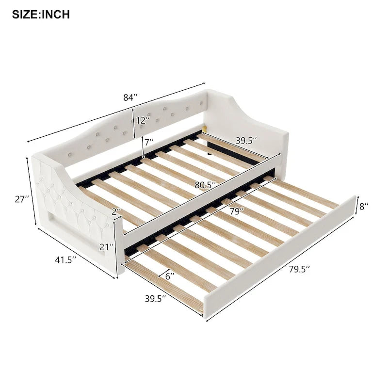 Lit de repos capitonné Twin XL avec bande LED et lit gigogne, 84L x 41.5W x 27H