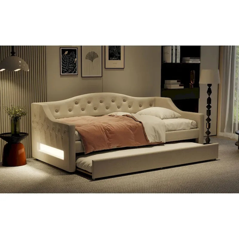 Lit de repos capitonné Twin XL avec bande LED et lit gigogne, 84L x 41.5W x 27H