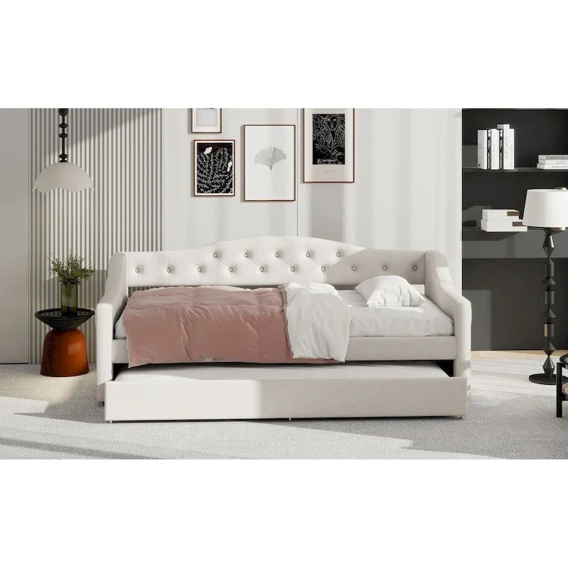 Lit de repos capitonné Twin XL avec bande LED et lit gigogne, 84L x 41.5W x 27H