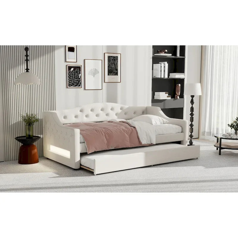Lit de repos capitonné Twin XL avec bande LED et lit gigogne, 84L x 41.5W x 27H
