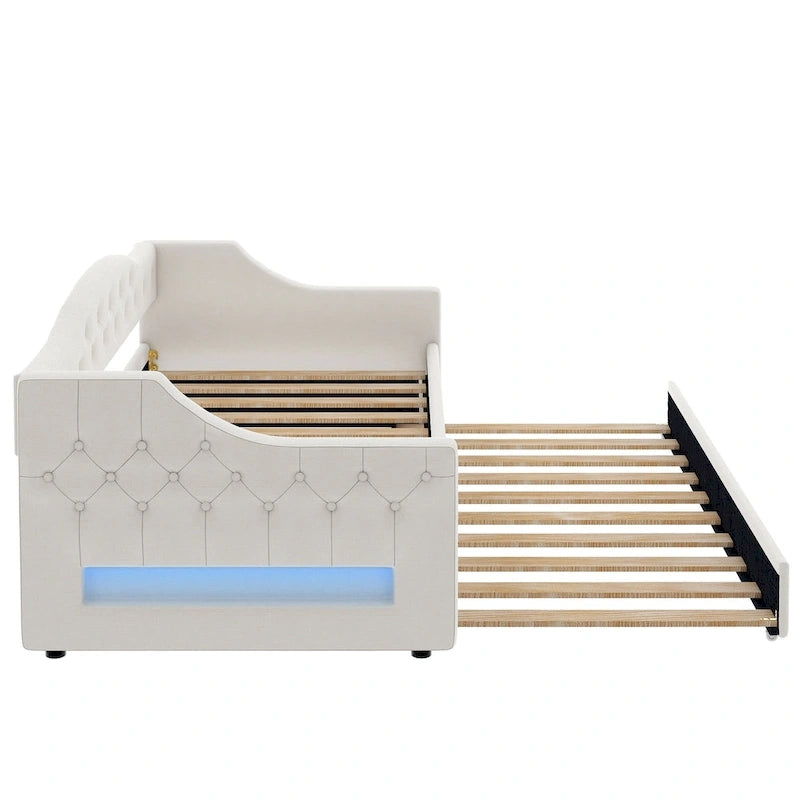 Lit de repos capitonné Twin XL avec bande LED et lit gigogne, 84L x 41.5W x 27H