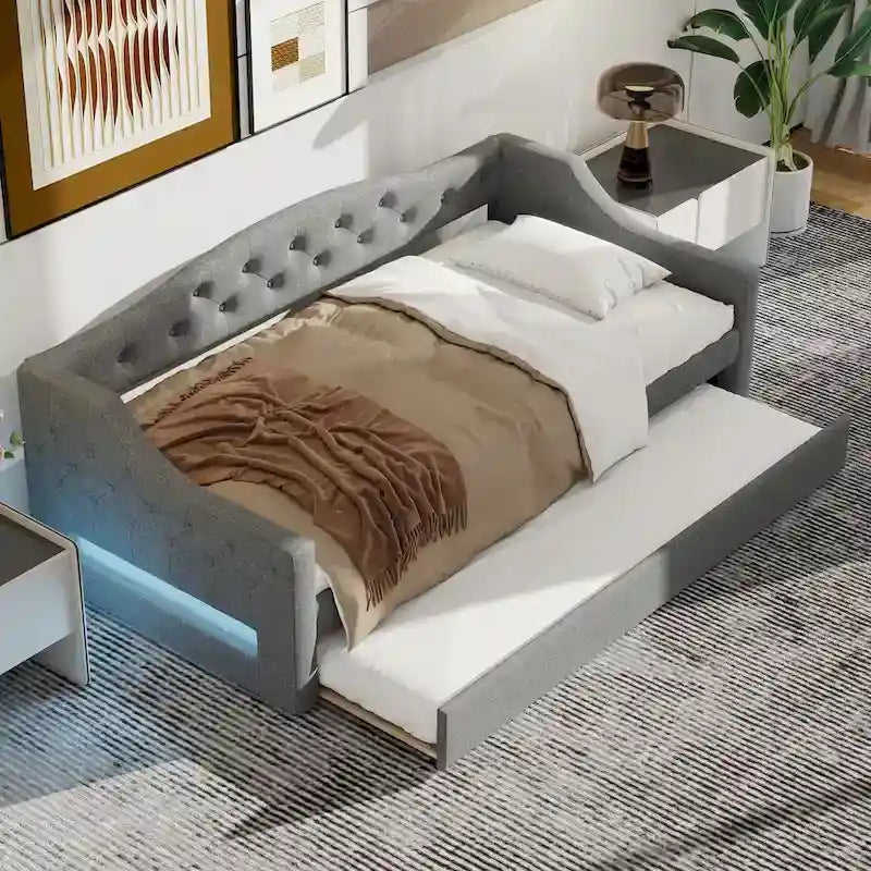 Lit de repos capitonné Twin XL avec bande LED et lit gigogne, 84L x 41.5W x 27H