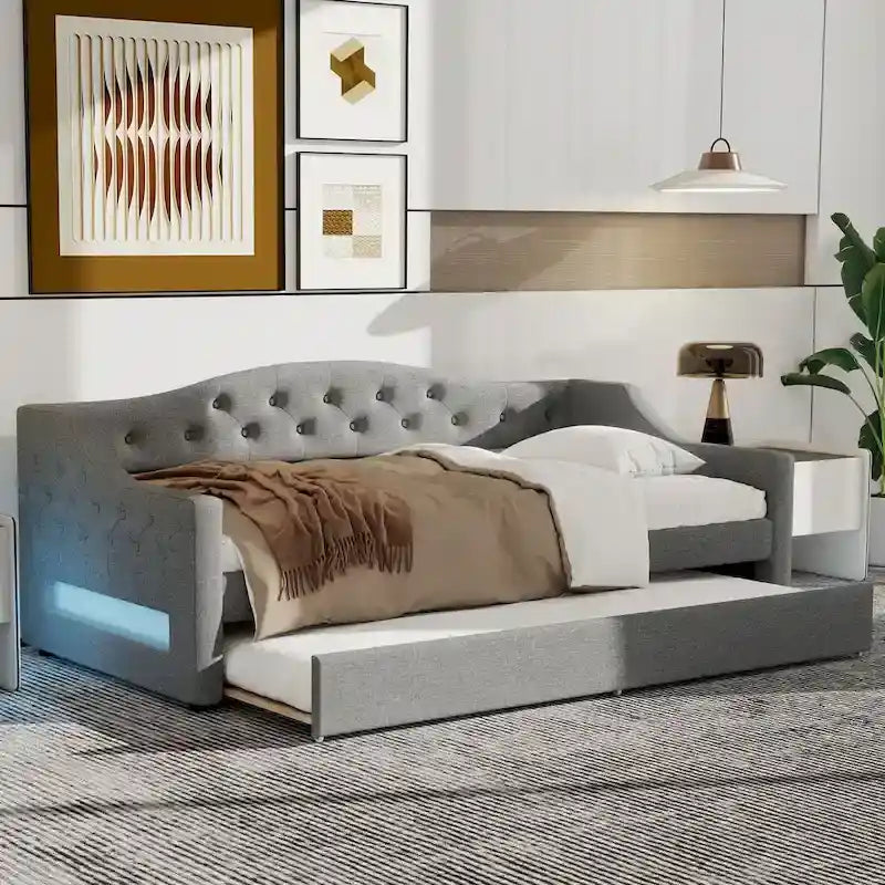 Lit de repos capitonné Twin XL avec bande LED et lit gigogne, 84L x 41.5W x 27H