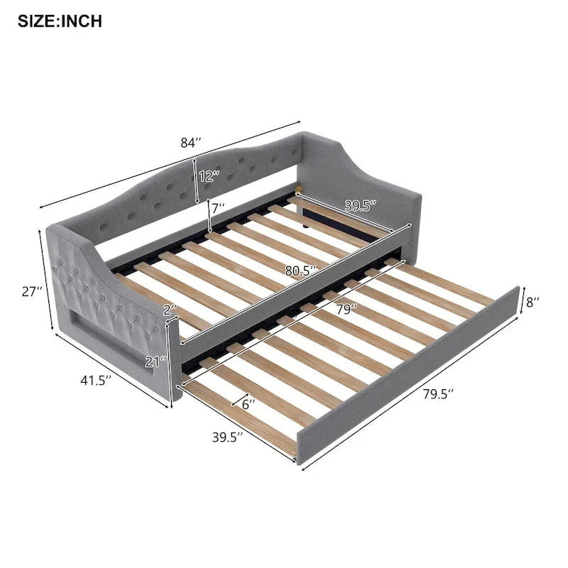 Lit de repos capitonné Twin XL avec bande LED et lit gigogne, 84L x 41.5W x 27H