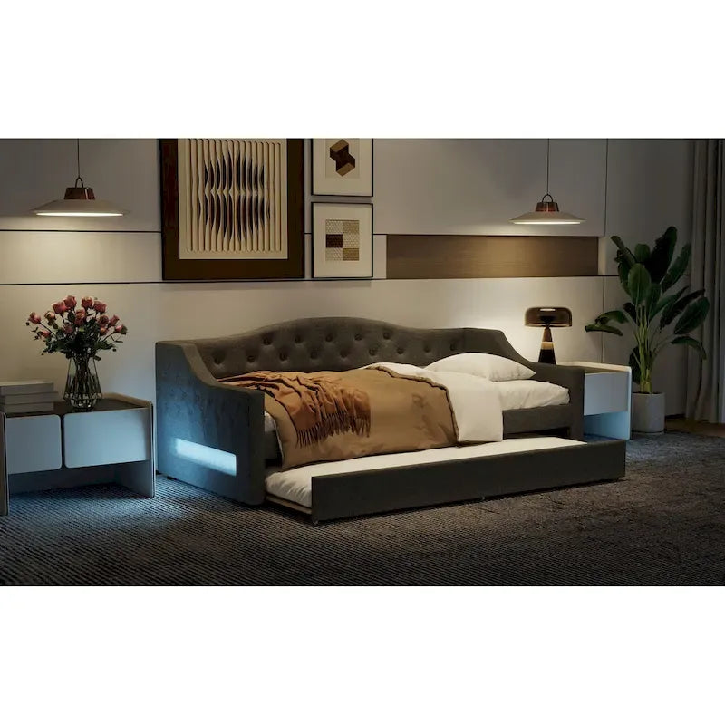 Lit de repos capitonné Twin XL avec bande LED et lit gigogne, 84L x 41.5W x 27H