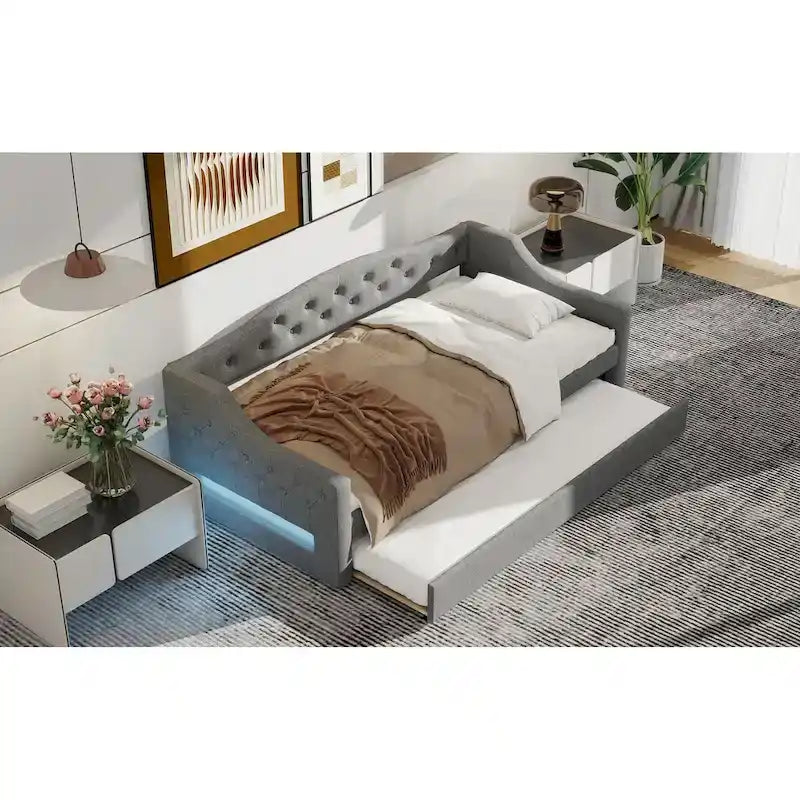 Lit de repos capitonné Twin XL avec bande LED et lit gigogne, 84L x 41.5W x 27H