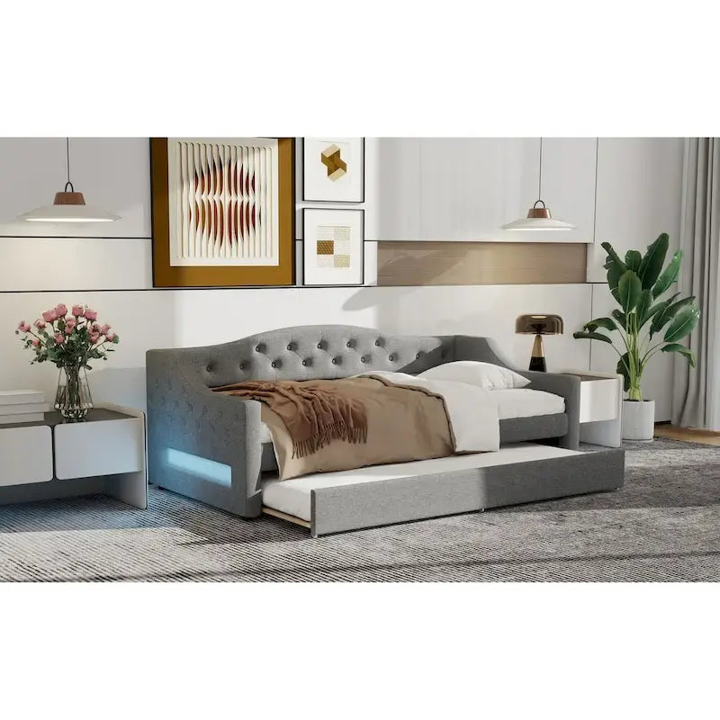 Lit de repos capitonné Twin XL avec bande LED et lit gigogne, 84L x 41.5W x 27H