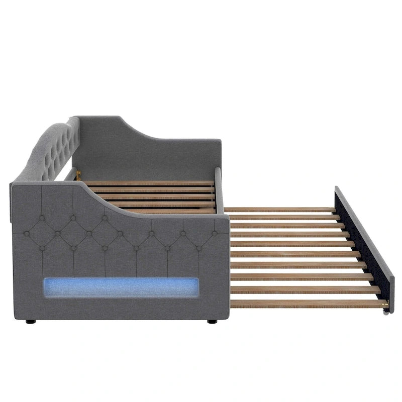 Lit de repos capitonné Twin XL avec bande LED et lit gigogne, 84L x 41.5W x 27H