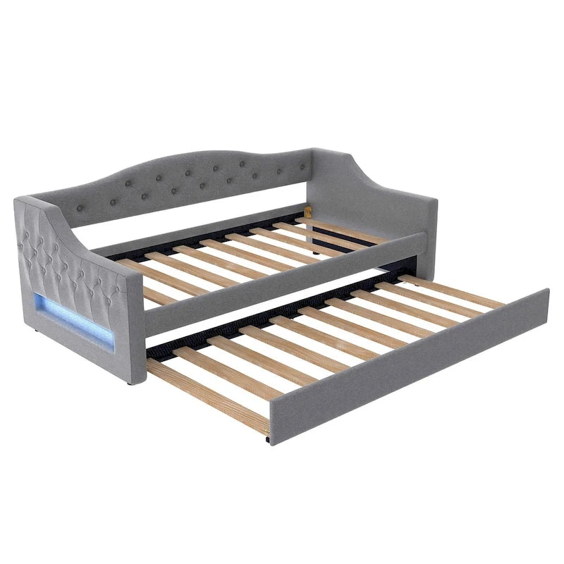 Lit de repos capitonné Twin XL avec bande LED et lit gigogne, 84L x 41.5W x 27H