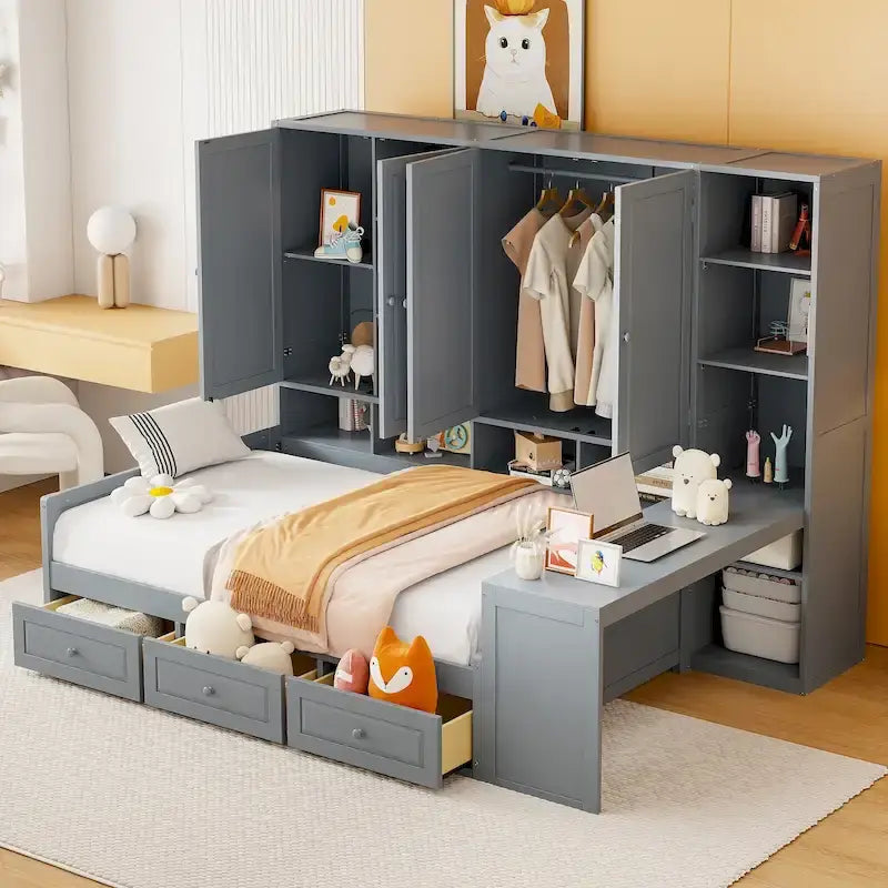 Lit de repos en bois avec étagère intégrée, lit capitaine avec armoire de rangement, penderie, bureau latéral et 3 tiroirs inférieurs