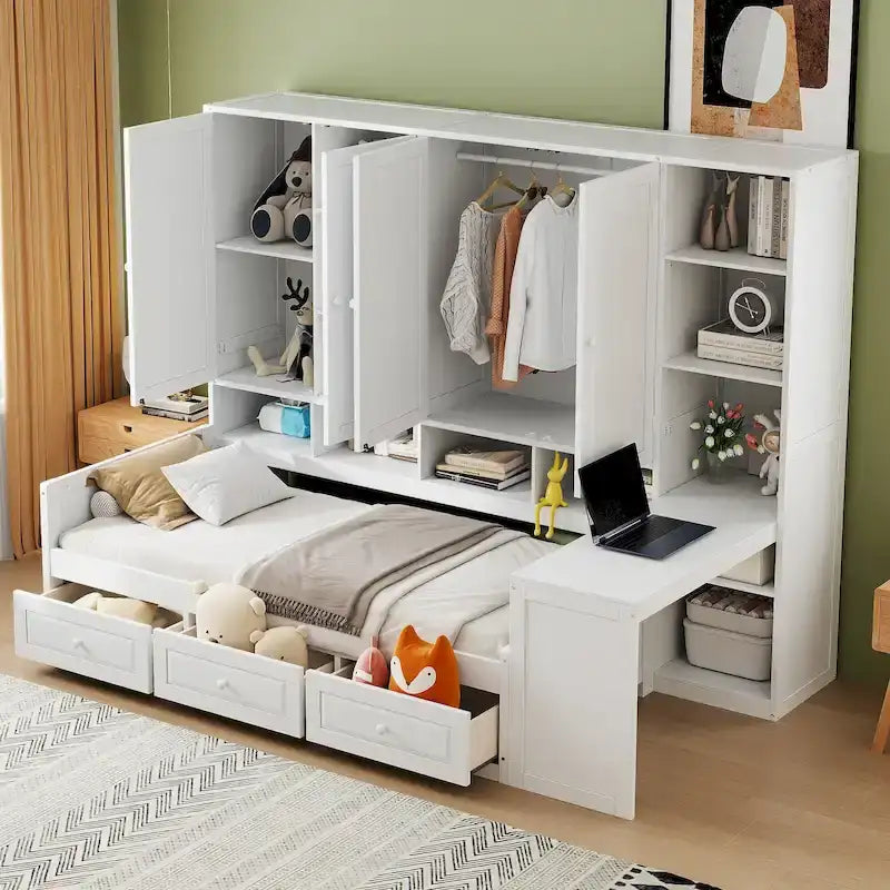 Lit de repos en bois avec étagère intégrée, lit capitaine avec armoire de rangement, penderie, bureau latéral et 3 tiroirs inférieurs
