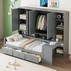 Lit de repos en bois avec étagère intégrée, lit capitaine avec armoire de rangement, penderie, bureau latéral et 3 tiroirs inférieurs