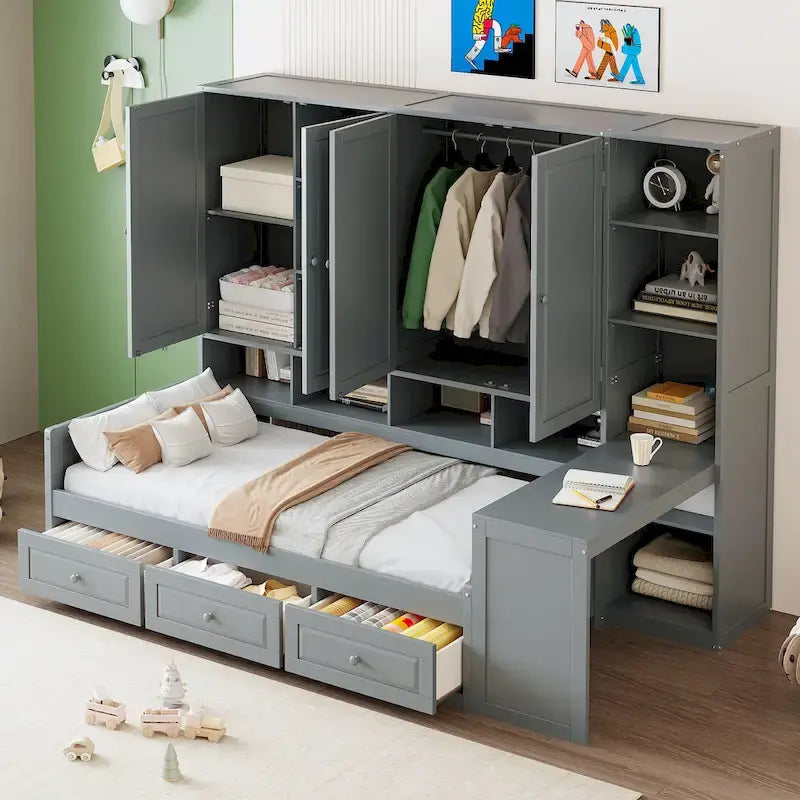 Lit de repos en bois avec étagère intégrée, lit capitaine avec armoire de rangement, penderie, bureau latéral et 3 tiroirs inférieurs