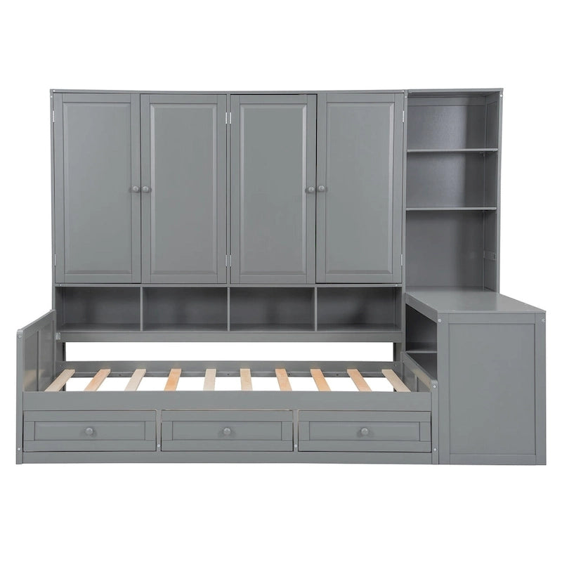 Lit de repos en bois avec étagère intégrée, lit capitaine avec armoire de rangement, penderie, bureau latéral et 3 tiroirs inférieurs