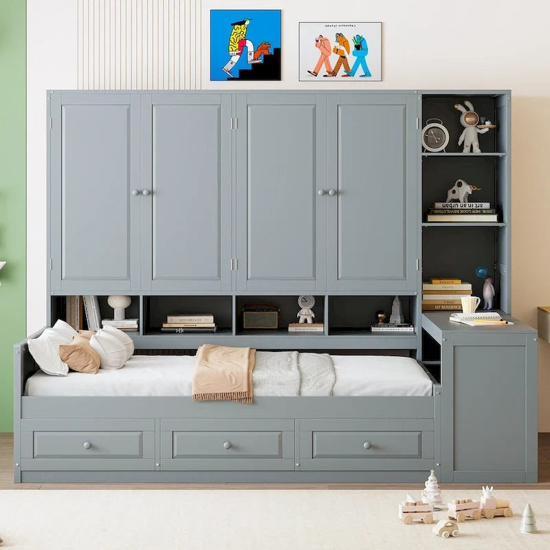 Lit de repos en bois avec étagère intégrée, lit capitaine avec armoire de rangement, penderie, bureau latéral et 3 tiroirs inférieurs