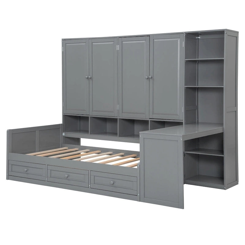 Lit de repos en bois avec étagère intégrée, lit capitaine avec armoire de rangement, penderie, bureau latéral et 3 tiroirs inférieurs
