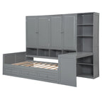 Lit de repos en bois avec étagère intégrée, lit capitaine avec armoire de rangement, penderie, bureau latéral et 3 tiroirs inférieurs