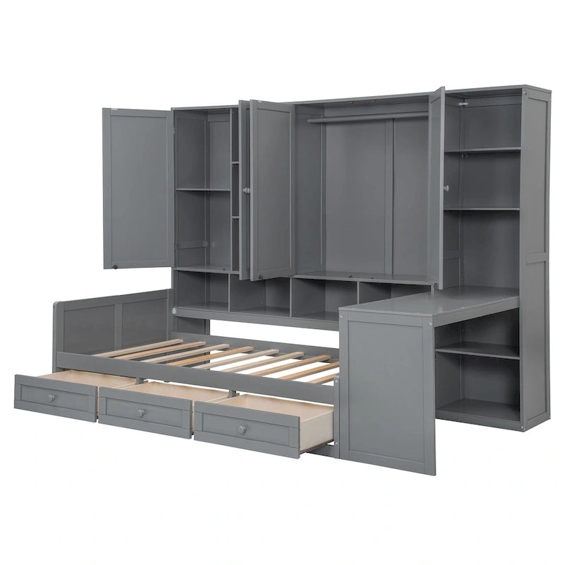 Lit de repos en bois avec étagère intégrée, lit capitaine avec armoire de rangement, penderie, bureau latéral et 3 tiroirs inférieurs