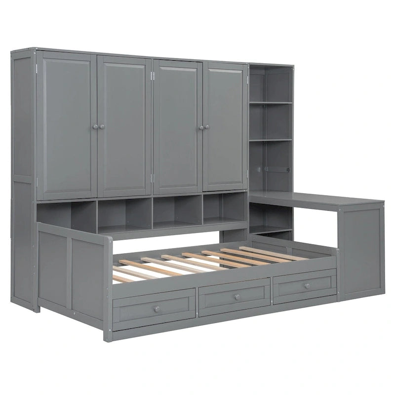 Lit de repos en bois avec étagère intégrée, lit capitaine avec armoire de rangement, penderie, bureau latéral et 3 tiroirs inférieurs