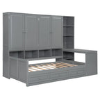 Lit de repos en bois avec étagère intégrée, lit capitaine avec armoire de rangement, penderie, bureau latéral et 3 tiroirs inférieurs