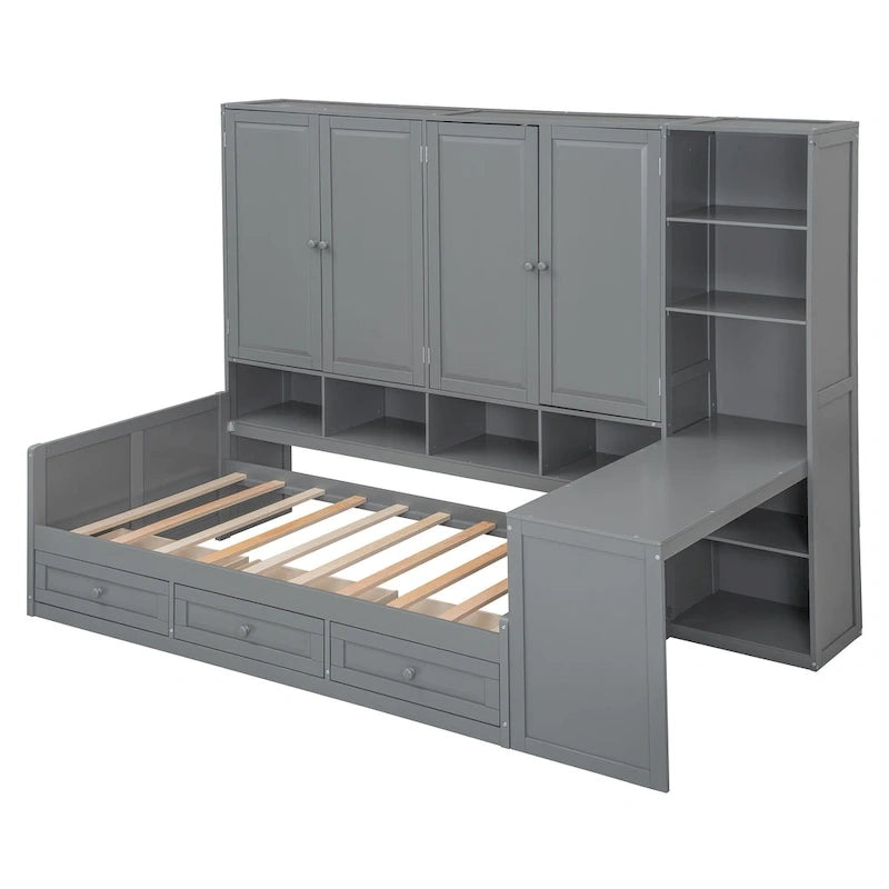 Lit de repos en bois avec étagère intégrée, lit capitaine avec armoire de rangement, penderie, bureau latéral et 3 tiroirs inférieurs