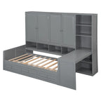 Lit de repos en bois avec étagère intégrée, lit capitaine avec armoire de rangement, penderie, bureau latéral et 3 tiroirs inférieurs