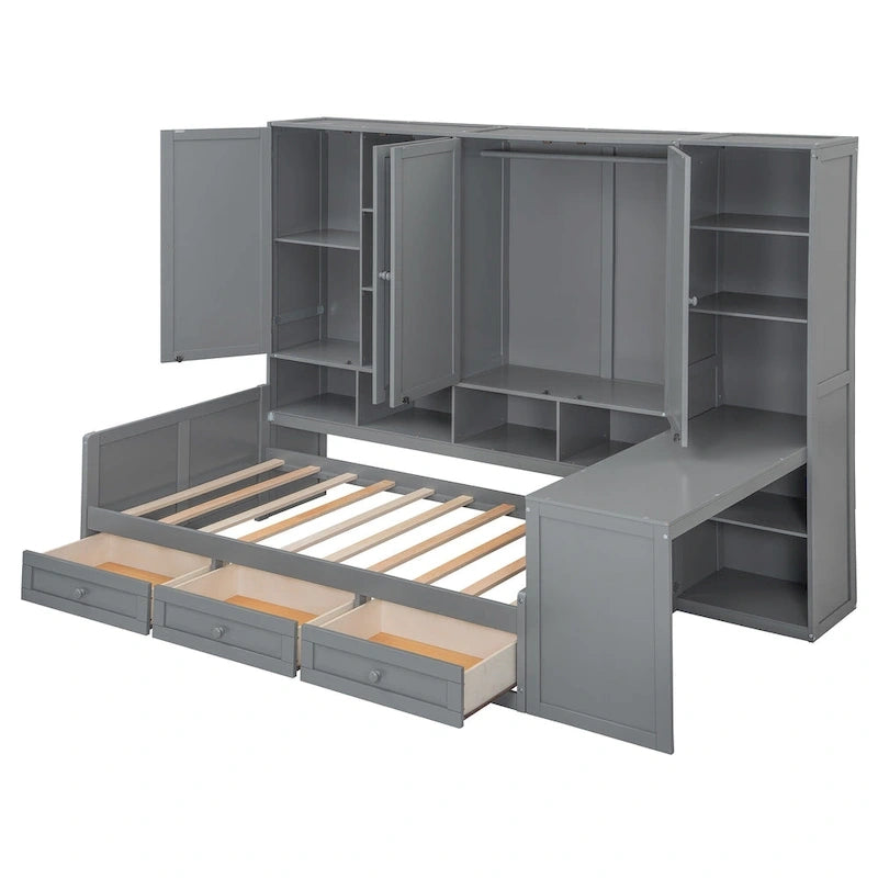 Lit de repos en bois avec étagère intégrée, lit capitaine avec armoire de rangement, penderie, bureau latéral et 3 tiroirs inférieurs