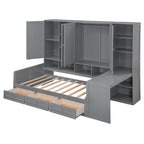 Lit de repos en bois avec étagère intégrée, lit capitaine avec armoire de rangement, penderie, bureau latéral et 3 tiroirs inférieurs