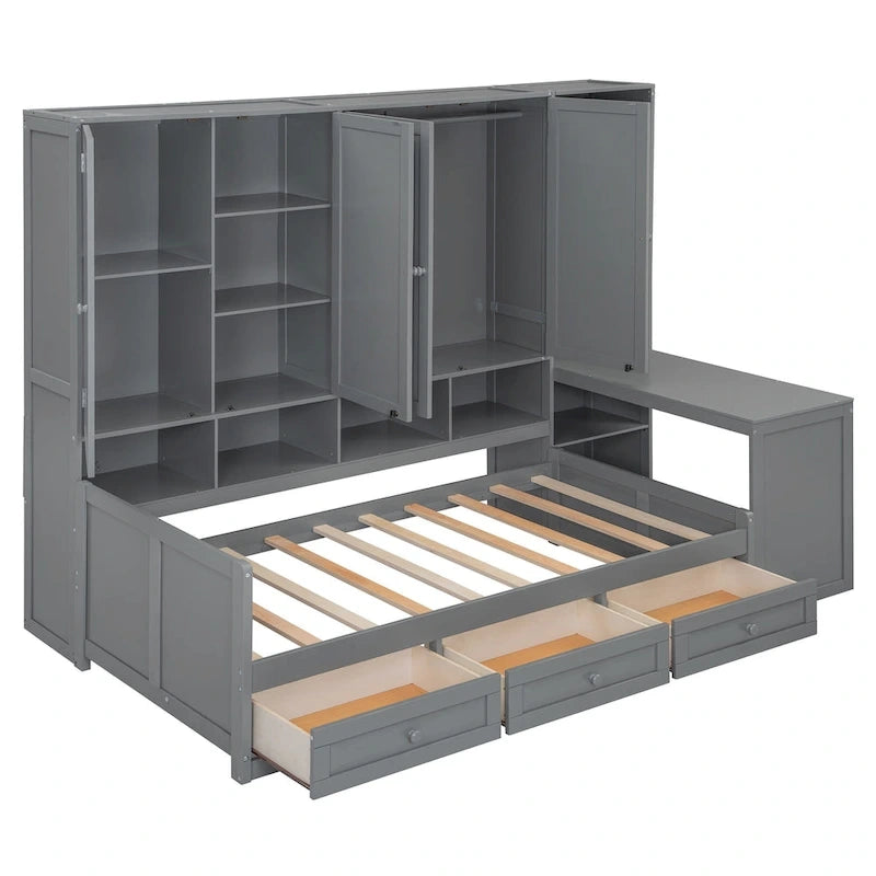 Lit de repos en bois avec étagère intégrée, lit capitaine avec armoire de rangement, penderie, bureau latéral et 3 tiroirs inférieurs