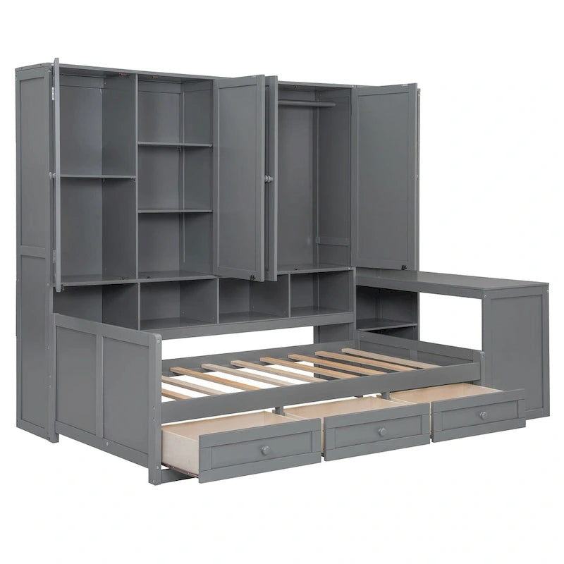 Lit de repos en bois avec étagère intégrée, lit capitaine avec armoire de rangement, penderie, bureau latéral et 3 tiroirs inférieurs