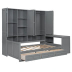 Lit de repos en bois avec étagère intégrée, lit capitaine avec armoire de rangement, penderie, bureau latéral et 3 tiroirs inférieurs