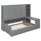 Lit de repos en bois avec étagère intégrée, lit capitaine avec armoire de rangement, penderie, bureau latéral et 3 tiroirs inférieurs