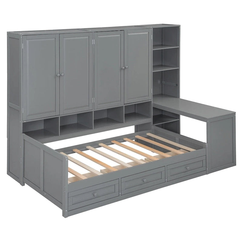Lit de repos en bois avec étagère intégrée, lit capitaine avec armoire de rangement, penderie, bureau latéral et 3 tiroirs inférieurs