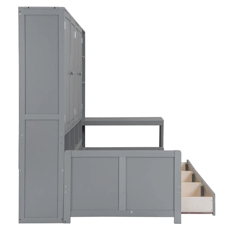 Lit de repos en bois avec étagère intégrée, lit capitaine avec armoire de rangement, penderie, bureau latéral et 3 tiroirs inférieurs