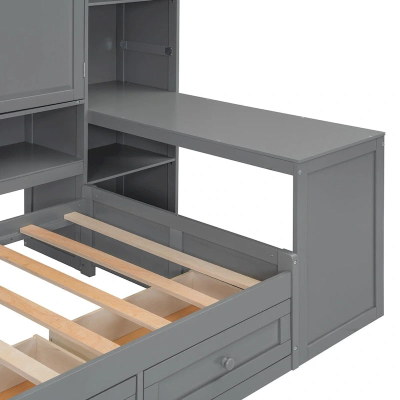 Lit de repos en bois avec étagère intégrée, lit capitaine avec armoire de rangement, penderie, bureau latéral et 3 tiroirs inférieurs