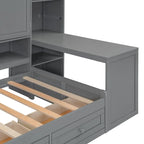 Lit de repos en bois avec étagère intégrée, lit capitaine avec armoire de rangement, penderie, bureau latéral et 3 tiroirs inférieurs