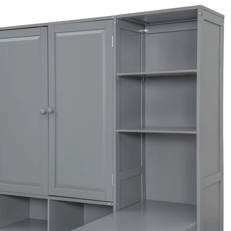 Lit de repos en bois avec étagère intégrée, lit capitaine avec armoire de rangement, penderie, bureau latéral et 3 tiroirs inférieurs