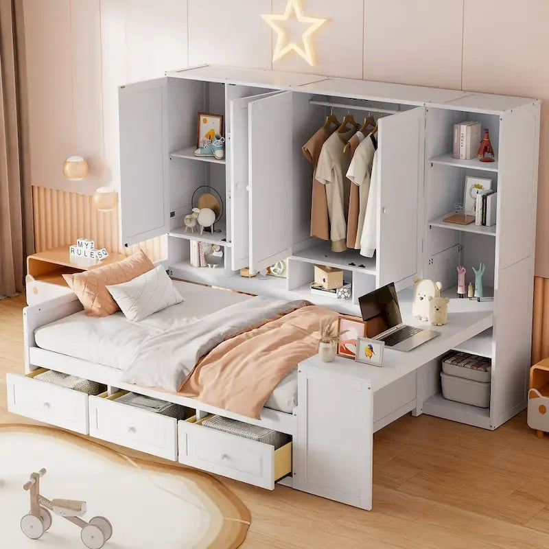 Lit de repos en bois avec étagère intégrée, lit capitaine avec armoire de rangement, penderie, bureau latéral et 3 tiroirs inférieurs
