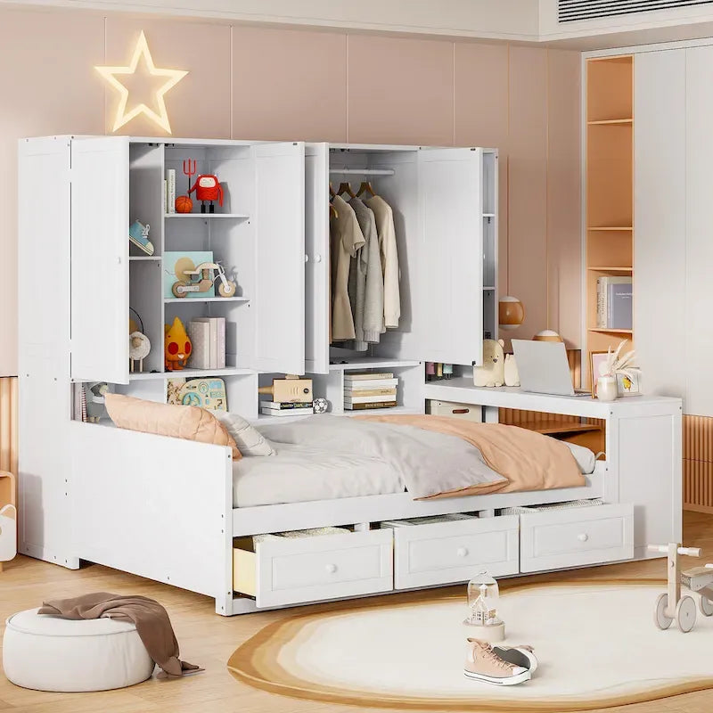 Lit de repos en bois avec étagère intégrée, lit capitaine avec armoire de rangement, penderie, bureau latéral et 3 tiroirs inférieurs