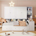 Lit de repos en bois avec étagère intégrée, lit capitaine avec armoire de rangement, penderie, bureau latéral et 3 tiroirs inférieurs