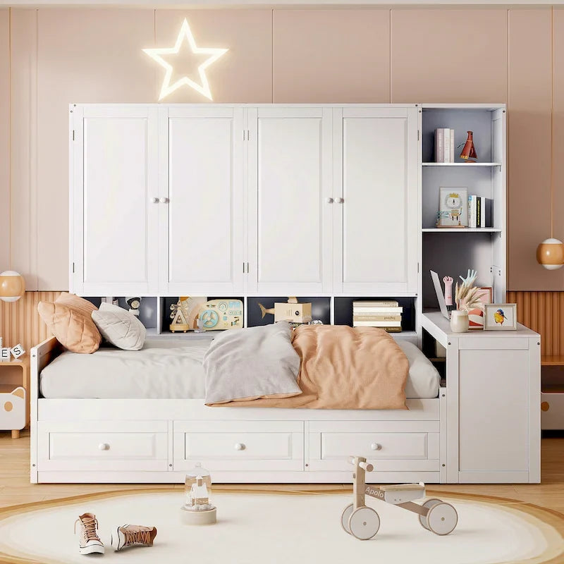 Lit de repos en bois avec étagère intégrée, lit capitaine avec armoire de rangement, penderie, bureau latéral et 3 tiroirs inférieurs